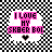 Two side-by-side animated frames of a pixel art buddy icon featuring pink text on gray shapes with black hearts, set against a checkered transparency background.