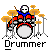 Pixel art of a skeleton drummer with red and black striped sleeves, blue collar, white skull face, playing drums with yellow cymbals on gray background.