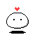 Pixelated white rounded character with black oval base, red heart above head; expressions shift from neutral to blushing eyes and smiling mouth across frames.