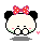 Four pixel-art panda frames with red polka-dot bows, pink blush, and small hearts on a gray background.