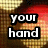 A four- displays text fragments over a pixelated background with red and yellow tones, forming the phrase 'your hand was meant for mine'