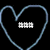 Two light blue outlined hearts on a black background with a small white pixelated text block inside the left heart.