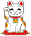 Six pixelated white cats with orange patches, red ears and collars sit on red platforms against gray backgrounds; some have closed eyes while one has an open mouth.