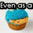 A cupcake with blue frosting and two round eyes, with text overlays changing across frames.