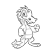 Pixelated grayscale image of a cartoon character with large eyes, a wide mouth, and a rounded body standing in a walking pose.