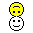 Yellow and gray pixelated character with changing facial features , set against a solid gray background