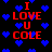 Red text "I LOVE U COLE" on black background with blue pixel hearts, animated heart movement.