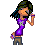 Pixel art buddy icon featuring a cartoon character with dark green hair and purple top holding a phone, next to blue text reading "Chinese @ Heart" and "Blonde in the brains" on white background.
