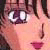 Pixelated close-up of a person's face showing eyes, nose, and mouth with pinkish skin tones and dark hair strands.