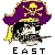 Pixelated pirate skull icon with purple tricorn hat, yellow tassel, crossed swords and skull symbol on hat band, mustache, and pipe in mouth.
