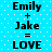 Blue background with white dots displays text 'Emily + Jake = LOVE' in black pixelated font, repeated twice side-by-side.