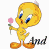Yellow cartoon bird holding pink flower, standing on white background with text below.