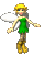 Pixelated fairy avatar with yellow hair, green dress, brown leggings, and yellow boots, shown in multiple poses with white wings against gray background.