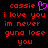 Red pixelated text on black background with a purple heart symbol, displaying 'cassie' and 'i love you im never guna lose you' in two identical