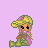 Pixel art contact sheet showing five animated frames of a cartoon girl with blonde braids, yellow hat, green outfit, and pink scarf against light purple background with "STIKY" text.