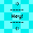 Pixelated cyan and light cyan checkered background with repeated text and emoticons in black pixel font.