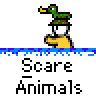 Animated contact sheet showing 17 sequential frames of a pixel-art duck character running and interacting with smaller ducks on a gray background, each frame labeled "Scare Animals" below the icon.