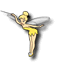 Animated fairy figure in yellow dress holding silver wand, wings and body in motion across four