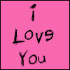 Pink background with black handwritten text "I Love You" on left and two overlapping black hearts on right.