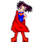 Pixelated animated contact sheet showing three sequential frames of a female cartoon character in red and blue superhero attire with flowing cape, purple hair, and red boots against gray background.