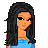 Pixel art of a woman in a blue dress with white bow details, shown from full-body to head-only views.