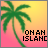 Animated contact sheet of a 4x3 grid showing sequential frames of an island-themed buddy icon with palm trees, gradient background, and changing text/musical symbols.