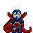 Pixel art character with blue mask, yellow eyes, red cape, and heart symbol on chest against gray background.