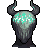Pixelated icon of a dark, horned figure with glowing cyan text across its face against a gray background.