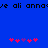 Blue background with repeating black text and two of pink/purple pixelated symbols at the bottom