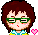 Pixel art avatar with brown hair, green glasses, and pink cheeks, wearing a blue-and-yellow striped shirt with pink hearts.
