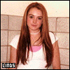 A woman with long brown hair wears a white shirt over pink fabric, standing against tiled walls in two side-by-side frames.