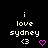 Pixelated text 'i love sydney' with two heart symbols on black background, one white and one pink.