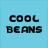 Pixelated text and bean imagery on a split background with cyan and light blue sections, featuring yellow square icons at corners.