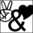 Black and white graphic with peace sign, ampersand, and heart symbols on left; bright green background with pink text 'Peace', 'and', 'Love' on right.