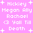 Pixelated text and symbols on a pink background with white lettering, featuring names and phrases in a