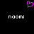 A static pixel art image with a black background, featuring two white 'noomi' text labels and one pink heart symbol above them.
