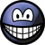 Blue spherical icon with large white eyes and a wide toothy grin, rendered in pixelated style against gray background.