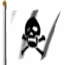 Black skull and crossbones icon with gray motion blur trails on white background, animated in a repeating cycle.