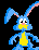 Pixelated blue rabbit with yellow belly and pink inner ears in multiple poses against black background.