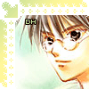 Pixelated anime-style character with brown hair and glasses, wearing a light-colored shirt against a pale green background.