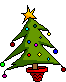 Pixelated green Christmas tree with yellow star, red pot, and multicolored ornaments on gray background.
