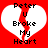 Red background with two white heart shapes split by a red diagonal line, each containing black text reading 'Peter U Broke My Heart' in pixelated font.