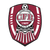 A pixelated shield-shaped icon with red and white vertical stripes on the outer edges, a central circular silver emblem containing indistinct text or symbols.