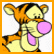 Two side-by-side animated frames of a cartoon tiger character with orange and black stripes, yellow face, pink nose and mouth, and visible whiskers in different poses against white backgrounds.