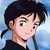 Pixelated anime-style character with black hair in a side ponytail, light skin tone, and dark clothing against blue gradient background.