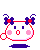 Pixelated doll avatar with red outline, white face, pink cheeks, blue eyes, and purple bow hair accessories in various expressions and poses.
