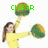 Animated sequence of a person in yellow clothing holding green-and-orange pom-poms, with changing text above the raised pom-pom.