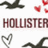 Animated sequence showing black bird silhouettes, red hearts, and 'HOLLISTER' text in varying styles