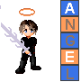 Pixel art character with brown hair, blue eyes, and orange halo holding a purple sword; gray wings extend from back; vertical 'ANGEL' text in alternating blue/orange blocks.