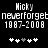 Black background with white pixelated text reading 'Nicky neverforget 1987-2008' and two of five heart icons each, one showing a grayed-out middle heart